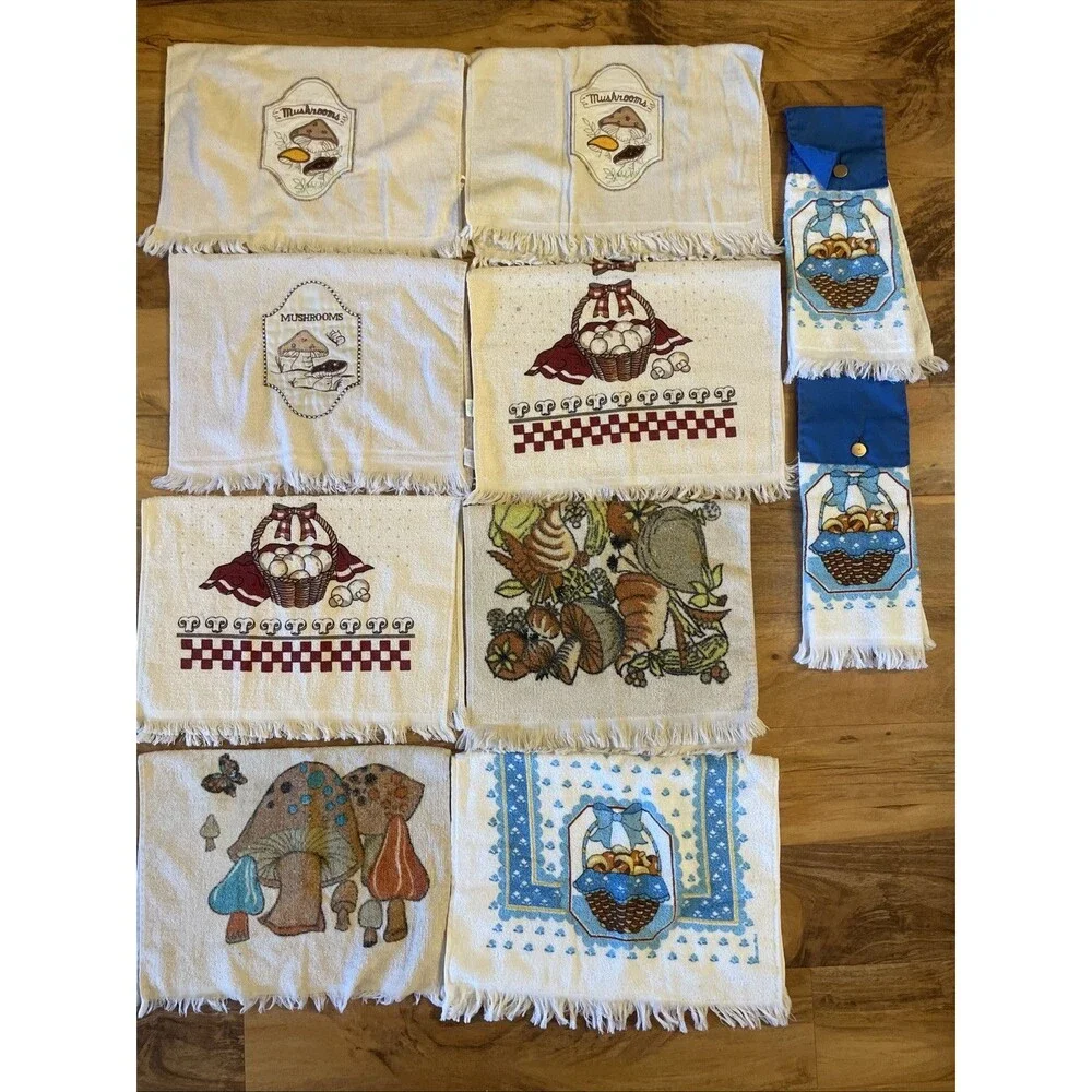 Lot Of 10 Adorable Vintage Mushroom Kitchen Hand Dish Towels MCM Cottage Core